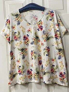Talbots Womens Sz 3X Tee Shirt Cap Sleeve White/Multi Floral Cotton
